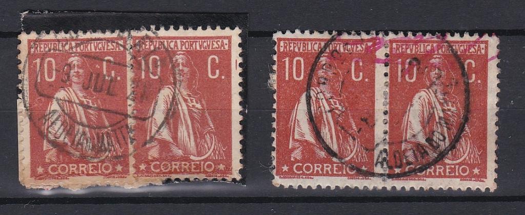 1727.jpg -     Lote:    1727            Portugal        Descrição:         Carimbos circulares datados tipo 1880. 1912 &mdash; Ceres. CE215, 10C, denteado 12x11 &frac12;. Dois pares horizontais, obliterados com carimbos batidos a preto de ALDEIA DA MATTA e ALDEIA DO MATTO        O       Valor Base:     &euro; 15,00     Valor Venda:     &euro;      