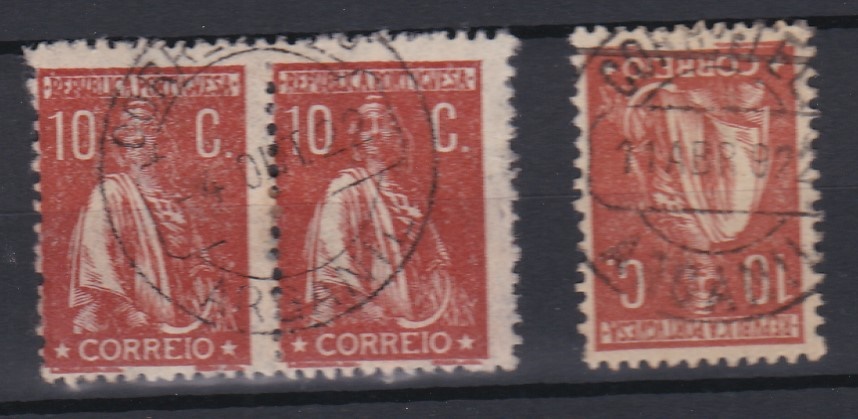 1734.jpg -     Lote:    1734            Portugal        Descrição:         Carimbos circulares datados tipo 1880. 1912 &mdash; Ceres. CE215, 10C, denteado 12x11 &frac12;. Selo isolado + par horizontal, obliterados com diferentes carimbos batidos a preto de ARGANIL.        O       Valor Base:     &euro; 8,00     Valor Venda:     &euro;      