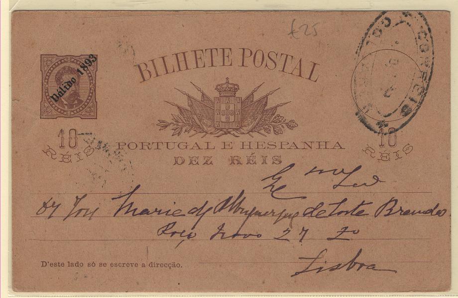 1737.jpg -     Lote:    1737            Portugal        Descrição:         Carimbos de dupla oval. 1893 &mdash; D. Luís I, de frente. Provisório. Com sobrecarga "Válido 1893. OM19, 10 reis, circulado de Colares (28.04.94) para Lisboa (28.04.94). Carimbo batido a preto "CORREIO / COLLARES".        IC       Valor Base:     &euro; 15,00     Valor Venda:     &euro;      