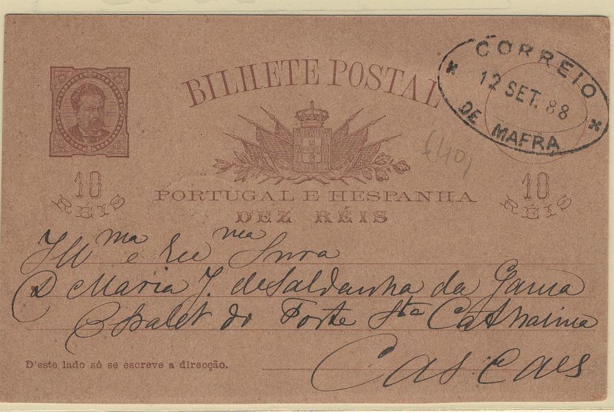 1738.jpg -     Lote:    1738            Portugal        Descrição:         Carimbos de dupla oval. 1884/87 &mdash; D. Luís I, de frente. OM9, 10 reis. Circulado de Mafra (12.09.88) para Cascais. Carimbo a preto "CORREIO / DE MAFRA". MB.        IC       Valor Base:     &euro; 15,00     Valor Venda:     &euro;      