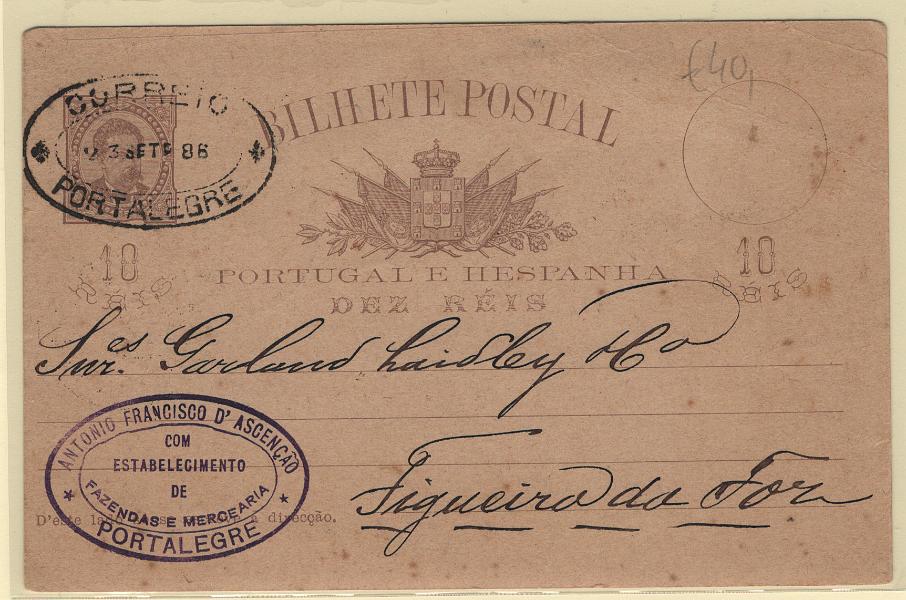 1739.jpg -     Lote:    1739            Portugal        Descrição:         Carimbos de dupla oval. 1884/87 &mdash; D. Luís I, de frente. OM9, 10 reis. Circulado de Portalegre (23.09.86) para Figueira da Foz. Carimbo a preto "CORREIO / PORTALEGRE". MB.        IC       Valor Base:     &euro; 15,00     Valor Venda:     &euro;      