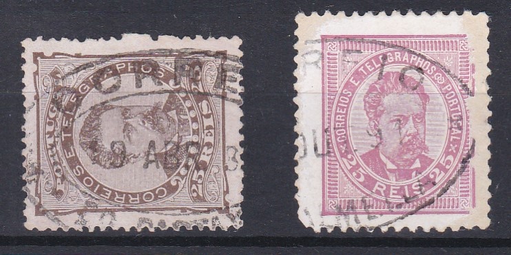 1740.jpg -     Lote:    1740            Portugal        Descrição:         Carimbos de dupla oval. Lote com 2 selos de 25 reis das emissões de D. Luís, de frente, obliterados com carimbos de PALMELLA e CARTAXO.        O       Valor Base:     &euro; 10,00     Valor Venda:     &euro;      