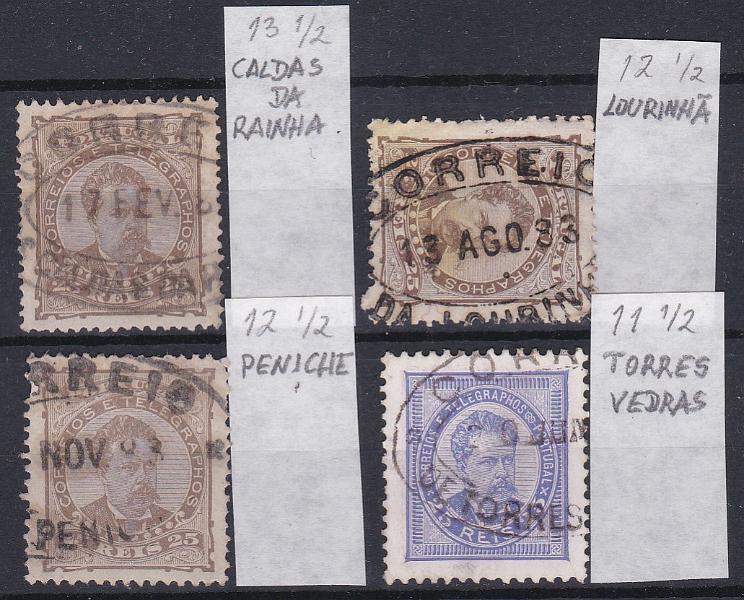 1741.jpg -     Lote:    1741            Portugal        Descrição:         Carimbos de dupla oval. Lote com 4 selos de 25 reis das emissões de D. Luís, de frente, obliterados com carimbos de CALDAS DA RAINHA, LOURINHÃ, PENICHE e TORRES VEDRAS.        O       Valor Base:     &euro; 8,00     Valor Venda:     &euro;      