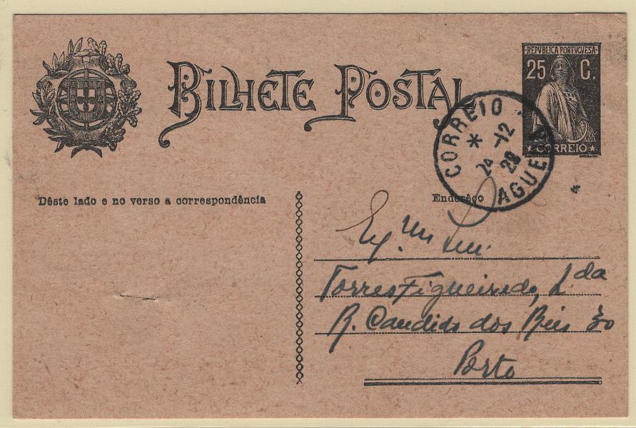 1743.jpg -     Lote:    1743            Portugal        Descrição:         Carimbos tipo francês. 1924 &mdash; Ceres. OM74, 25C preto. Circulado de Águeda (17.12.28) para o Porto. Carimbo a preto "CORREIO / AGUEDA".        IC       Valor Base:     &euro; 12,00     Valor Venda:     &euro;      