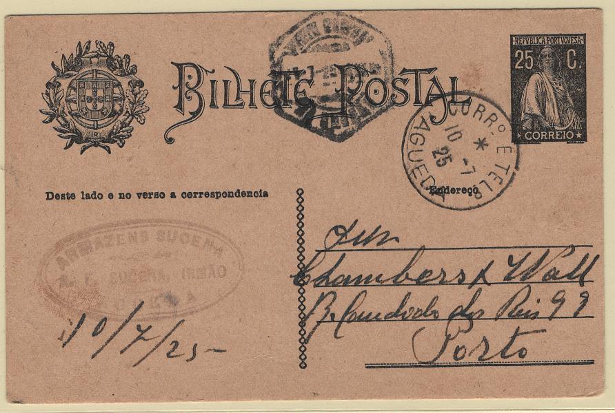 1744.jpg -     Lote:    1744            Portugal        Descrição:         Carimbos tipo francês. 1924 &mdash; Ceres. OM74, 25C preto. Circulado de Águeda (10.07.25) para o Porto. Carimbo a preto "CORR.º E TEL.º / AGUEDA".        IC       Valor Base:     &euro; 12,00     Valor Venda:     &euro;      