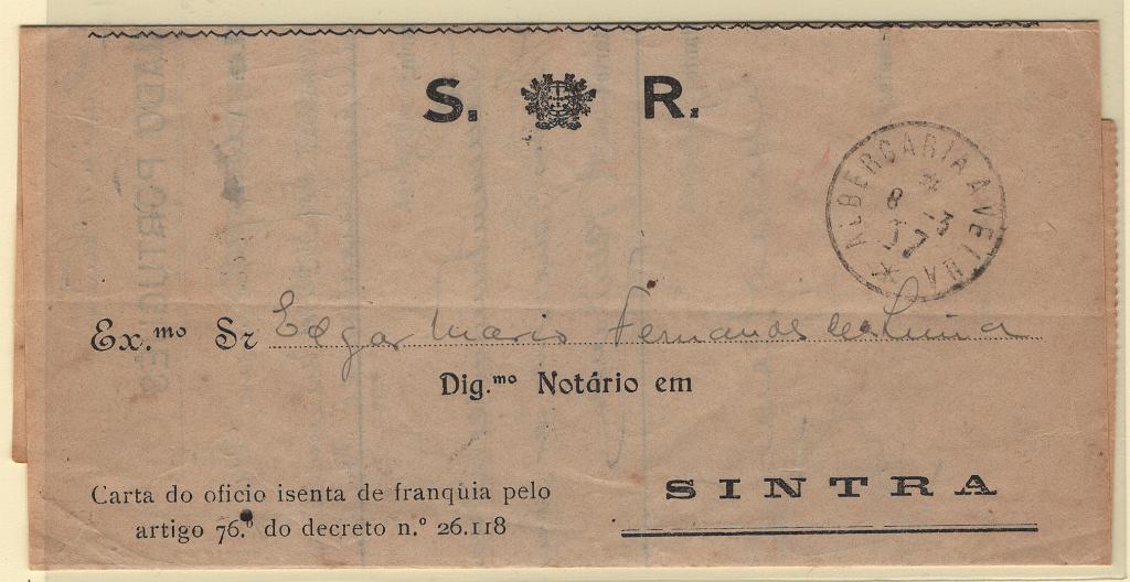 1745.jpg -     Lote:    1745            Portugal        Descrição:         Carimbos tipo francês. Carta ofício circulada isenta de franquia de Albergaria -a Velha (08.03.37) para Sintra. Carimbo a preto "ALBERGARIA A VELHA".        IMP       Valor Base:     &euro; 12,00     Valor Venda:     &euro;      