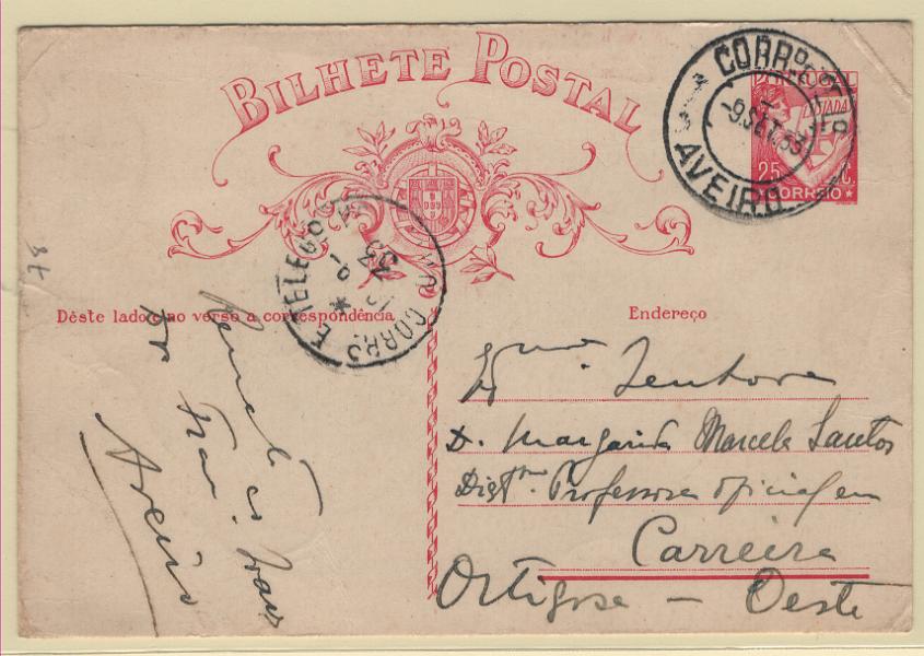 1746.jpg -     Lote:    1746            Portugal        Descrição:         Carimbos tipo francês. 1931 &mdash; Lusíadas. OM80, 25c. Circulado de Aveiro (09.09.33) para Ortigosa. Carimbo batido a preto "CORR.º E TELEG.º / ORTIGOSA".        IC       Valor Base:     &euro; 15,00     Valor Venda:     &euro;      