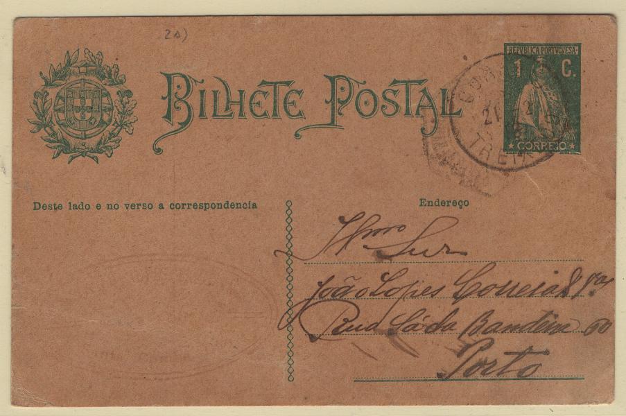 1748.jpg -     Lote:    1748            Portugal        Descrição:         Carimbos tipo francês. 1912 &mdash; Ceres. OM59, 1C verde. Circulado de Treixedo (21.02.18) para o Porto. Carimbo a preto "CORREIO / TREIXOSO".        IC       Valor Base:     &euro; 15,00     Valor Venda:     &euro;      