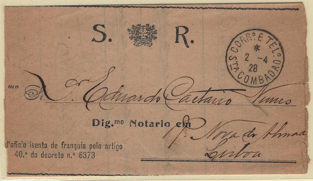 1749.jpg -     Lote:    1749            Portugal        Descrição:         Carimbos tipo francês. Carta ofício circulada isenta de franquia de Santa Comba Dão (02.04.28) para Lisboa. Carimbo a preto "CORR.º E TEL.º / STA COMBADAO".        IMP       Valor Base:     &euro; 12,00     Valor Venda:     &euro;      