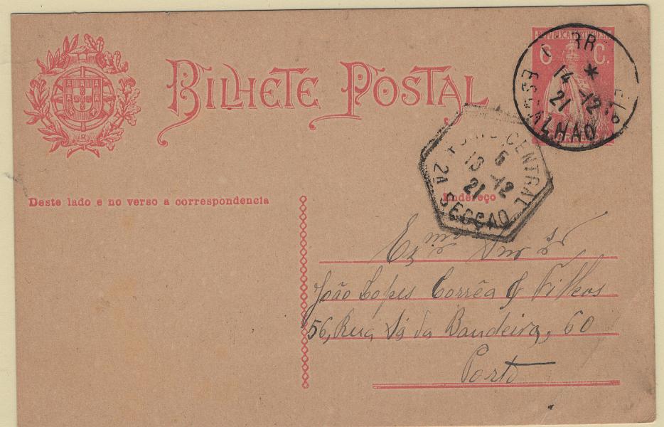 1751.jpg -     Lote:    1751            Portugal        Descrição:         Carimbos tipo francês. 192&frac12;2 &mdash; Ceres. OM68, 6C rosa. Circulado de Escalhão (14.12.21) para o Porto. Carimbo a preto "CORR.º E TELEG.º / ESCALHÃO".        IC       Valor Base:     &euro; 12,00     Valor Venda:     &euro;      