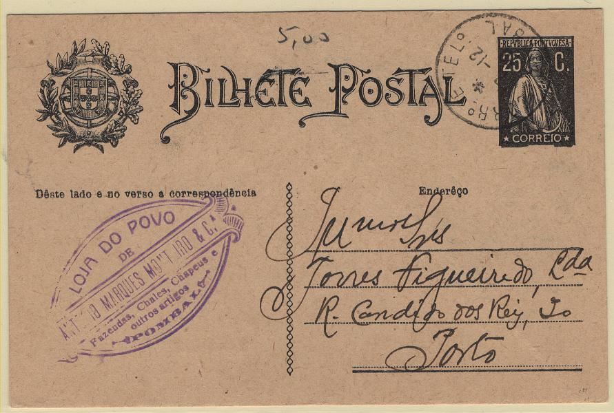 1752.jpg -     Lote:    1752            Portugal        Descrição:         Carimbos tipo francês. 1924 &mdash; Ceres. OM74, 25C preto. Circulado de Pombal (17.12.28) para o Porto. Carimbo a preto "CORR.º E TELEG.º / POMBAL".        IC       Valor Base:     &euro; 10,00     Valor Venda:     &euro;      
