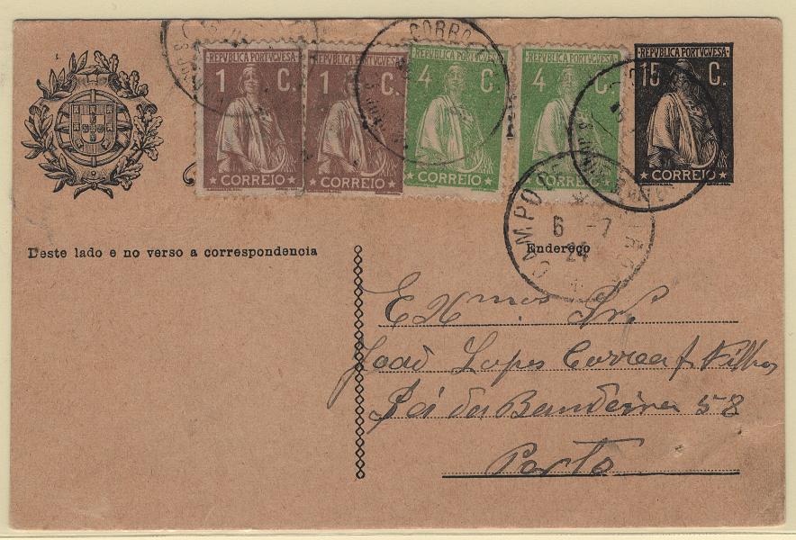 1754.jpg -     Lote:    1754            Portugal        Descrição:         Carimbos tipo francês. 1924 &mdash; Ceres. OM73, 15C preto + selos tipo Ceres de 2x1c CE221 e 2x4c, CE226. Circulado de S. João do Monte (17.12.28) para o Porto com trânsito por Campo de Besteiros (06.07.24). Carimbos a preto de "S. JOÃO DO MONTE" e "CAMPO DE BESTEIROS".        IC       Valor Base:     &euro; 15,00     Valor Venda:     &euro;      
