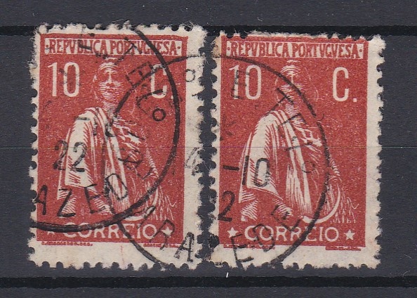 1755.jpg -     Lote:    1755            Portugal        Descrição:         Carimbos tipo francês. 1912 &mdash; Ceres. CE 215, 10C, denteado 12x11 &frac12;. Dois selos obliterados com carimbo a preto de ARAZEDE.        O       Valor Base:     &euro; 12,00     Valor Venda:     &euro;      