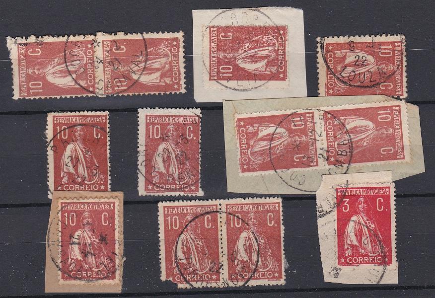 1758.jpg -     Lote:    1758            Portugal        Descrição:         Carimbos tipo francês. 1912/17 &mdash; Ceres. Lote composto por 6 selos isolados e 3 pares obliterados com carimbos a preto de CADAVAL, GOUVEIA, LOUZA, PENICHE, POMBAL, STA COMBA DÃO, TORRES NOVAS, PARANHOS / CEIA e VA POUCA D'AGUIAR.        Lote       Valor Base:     &euro; 20,00     Valor Venda:     &euro;      