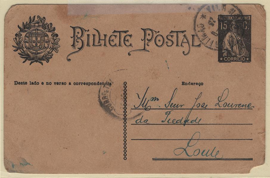 1762.jpg -     Lote:    1762            Portugal        Descrição:         Carimbos tipo francês. 1923 &mdash; Ceres. Aumento de porte. OM71, 15C. Circulado de Portimão (29.09.23) para Loulé. Carimbo a preto "VILA NOVA DE PORTIMÃO".        IC       Valor Base:     &euro; 12,00     Valor Venda:     &euro;      