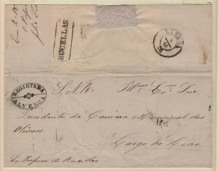 1763.jpg -     Lote:    1763            Portugal        Descrição:         Carimbos ovais de registo. Carta circulada isenta de franquia de Alverca (02.12.72) para Bucelas, com trânsito por Lisboa (03.12.72). Carimbos batidos a preto de "BUCELLAS" e "REGISTADA / ALVERCA".        Carta       Valor Base:     &euro; 35,00     Valor Venda:     &euro;      