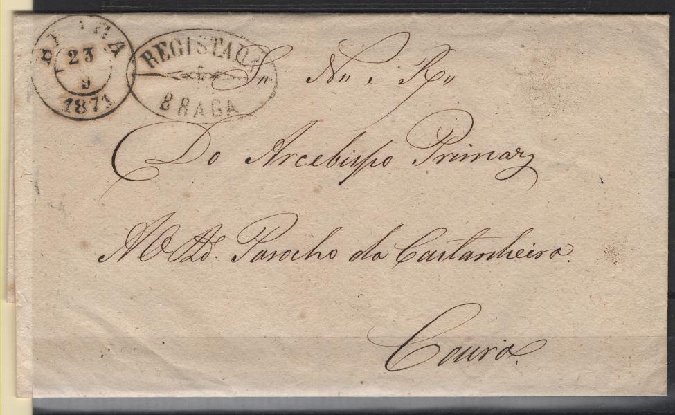 1764.jpg -     Lote:    1764            Portugal        Descrição:         Carimbos de registo. Carta circulada isenta de porte de Braga (23.09.71) para Paredes de Coura. Carimbo batido a sépia "REGISTADA / BRAGA".        Carta       Valor Base:     &euro; 20,00     Valor Venda:     &euro;      
