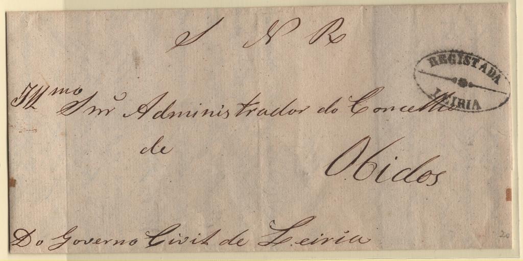 1766.jpg -     Lote:    1766            Portugal        Descrição:         Carimbos ovais de registo. Capa de carta circulada isenta de franquia de Leiria (19.05.62) para Óbidos. Carimbo batido a preto "REGISTADA / LEIRIA".        Carta       Valor Base:     &euro; 20,00     Valor Venda:     &euro;      