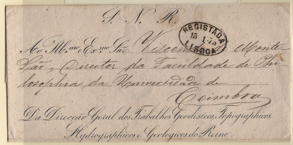 1768.jpg -     Lote:    1768            Portugal        Descrição:         Carimbos ovais de registo. Carta circulada isenta de franquia de Lisboa (15.01.73) para Coimbra. Carimbo batido a preto "REGISTADA / 15-1-73 / LISBOA".        Carta       Valor Base:     &euro; 12,00     Valor Venda:     &euro;      