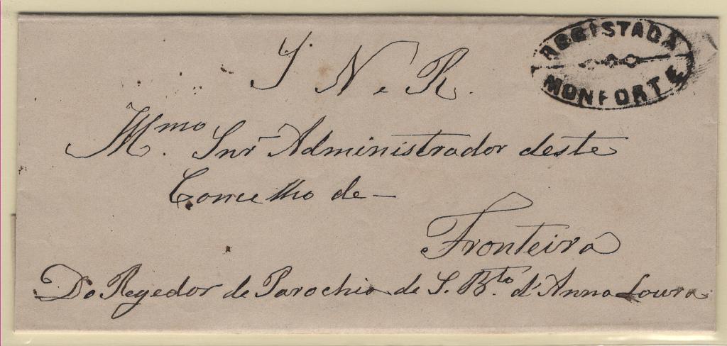 1769.jpg -     Lote:    1769            Portugal        Descrição:         Carimbos ovais de registo. Carta circulada isenta de franquia de Monforte (19.03.71) para Fronteira. Carimbo batido a preto "REGISTADA / MONFORTE".        Carta       Valor Base:     &euro; 30,00     Valor Venda:     &euro;      