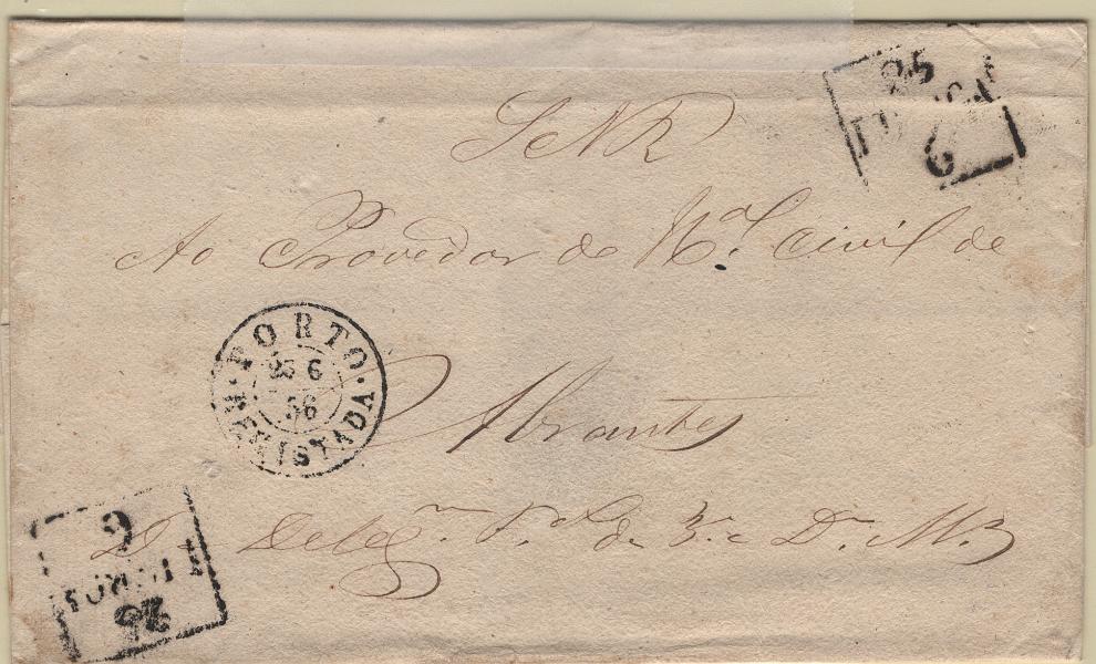1771.jpg -     Lote:    1771            Portugal        Descrição:         Carimbos de registo. Carta isenta de franquia, circulada registada do Porto (25.06.56) para Abrantes, com trânsito por Lisboa. Marcas batidas a preto "PORTO REGISTADA / 25 6 / 56" e "LISBOA" LSB20. R e B.        Carta       Valor Base:     &euro; 25,00     Valor Venda:     &euro;      