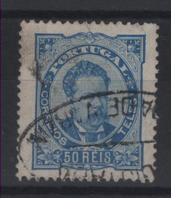1772.jpg -     Lote:    1772            Portugal        Descrição:         Carimbos de registo. 1883 &mdash; D. Luís I, de frente. CE58, 50 reis, porcelana, denteado 13 &frac12;, com carimbo a preto "REGISTADA / POVOA DE VARZIM". B.        O       Valor Base:     &euro; 20,00     Valor Venda:     &euro;      