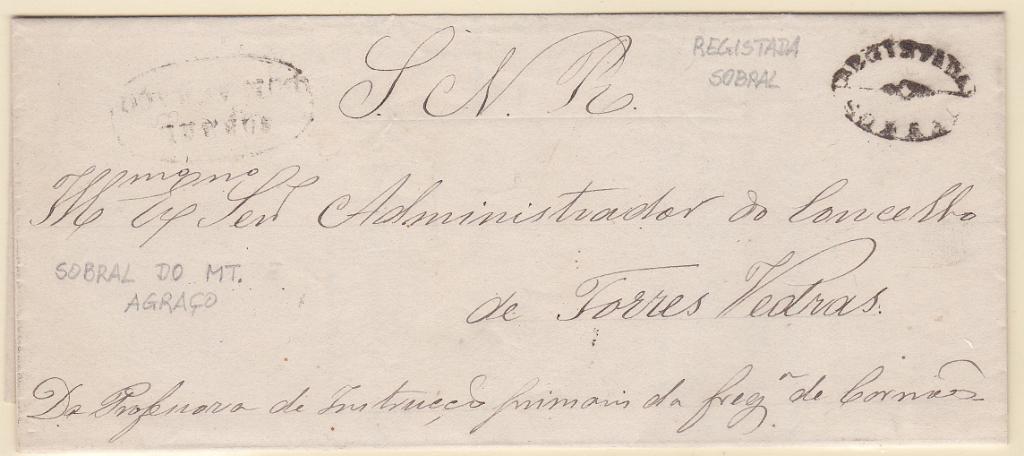 1775.jpg -     Lote:    1775            Portugal        Descrição:         Carimbos de registo. Carta circulada isenta de S. Domingos de Carmões (22.08.77) para Torres Vedras. Carimbo a preto "REGISTADA / SOBRAL".        Carta       Valor Base:     &euro; 15,00     Valor Venda:     &euro;      