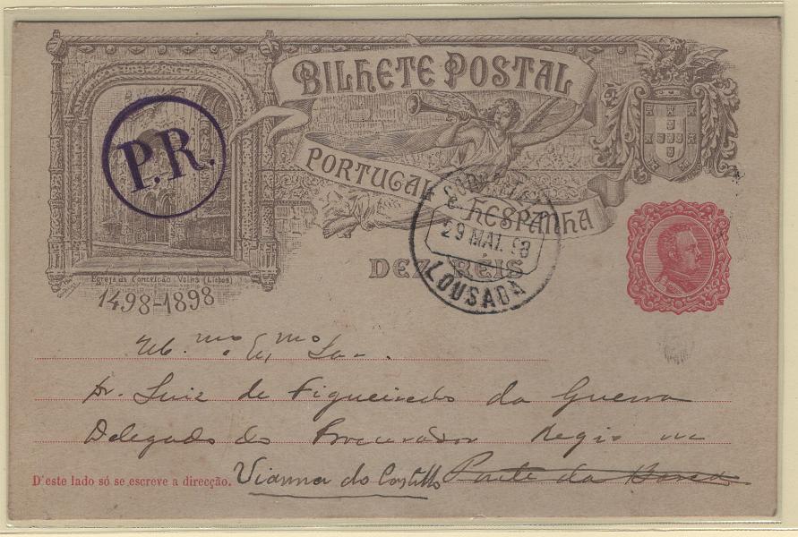 1778.jpg -     Lote:    1778            Portugal        Descrição:         1898 &mdash; 4.º Centenário do Descobrimento do Caminho Marítimo para a Índia. OM29F, 10 reis. Circulado pela posta rural de Lousada (29.05.98) para Viana do Castelo. Carimbo batido a violeta "P.R.". MB e R.        IC       Valor Base:     &euro; 25,00     Valor Venda:     &euro;      