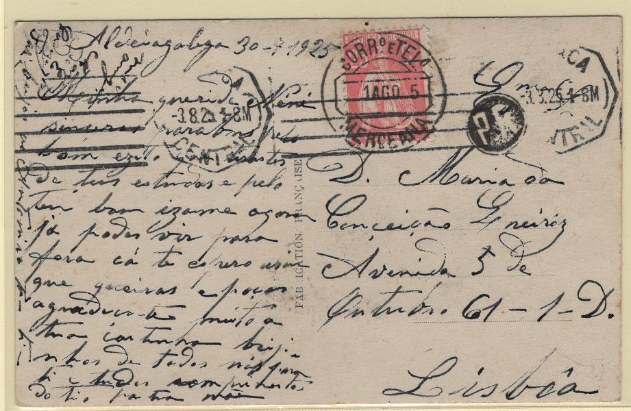 1779.jpg -     Lote:    1779            Portugal        Descrição:         Carimbos da POSTA RURAL. 1923 &mdash; Ceres. CE255, 25C em postal ilustrado circulado da Aldeia Galega (30.07.25) para Lisboa (03.08.25) com trânsito pela Merceana (01.08.25). Carimbo negativo a preto "P.R." e ccd "MERCEANA".        PI       Valor Base:     &euro; 25,00     Valor Venda:     &euro;      