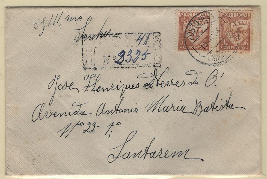 1780.jpg -     Lote:    1780            Portugal        Descrição:         Postos particulares do correio. 1931 &mdash; Lusíadas. CE522, 50c. Dois selos em sobrescrito circulado registado de Lisboa (19.10.42) para Santarém (20.10.42). Marca de dia e de registo do "POSTO n.º 41".        Carta       Valor Base:     &euro; 40,00     Valor Venda:     &euro;      