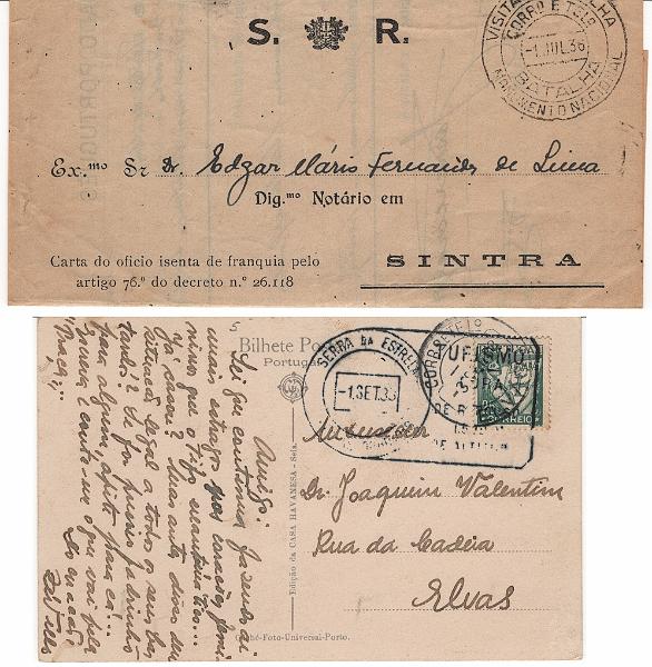 1782.jpg -     Lote:    1782            Portugal        Descrição:         Carimbos oficiais publicitários. Lote com duas cartas-ofício, isentas de franquia pelo art.º 76 do decreto n.º 26.118 + postal ilustrado, circulados com carimbos batidos a preto: "VISITAI A BATALHA / MONUMENTO NACIONAL / CORRº E TELEº / BATALHA / -1 JUL 36" + "ESTÂNCIA TERMA / ABERTA DE MAIO A 31 DE OUTUBRO / CORREIO E TELEGRAFO / CALDAS DA RAINHA / 17 JUL 1936" e "SERRA DA ESTRELA / PENHAS DOURADAS / 1 SET 36 / TURISMO / CURA / DE REPOUSO".        Lote       Valor Base:     &euro; 20,00     Valor Venda:     &euro;      