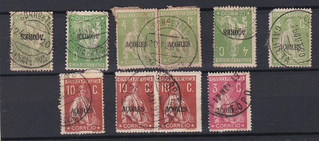 1786.jpg -     Lote:    1786            Açores       Descrição:         Carimbos circulares datados, tipo 1880. Açores. Lote composto por 6 selos isolados + dois pares, todos da emissão Ceres dos Açores com carimbos batidos a preto de: S.TO ANTONIO DO PICO, PRAIA DA GRA..., RIBEIRA (HORTA), RIBEIRA GRANDE, CALHETA, SANTO ANTONIO (PICO), POVOAÇÃO e TÔPO.        O       Valor Base:     &euro; 20,00     Valor Venda:     &euro;      