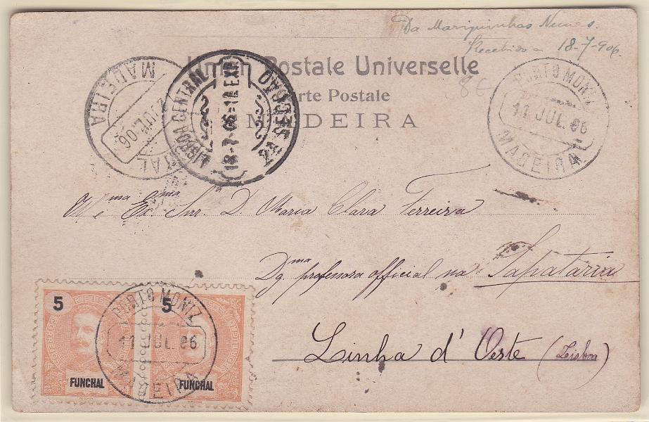 1787.jpg -     Lote:    1787            Madeira       Descrição:         Carimbos circulares datados, tipo 1880 * 1895 &mdash; D. Carlos I Mouchon. CE127, 5 reis. Par em postal ilustrado circulado de Porto Moniz (11.07.06) para Lisboa (18.07.06). Carimbo a preto de "PORTO MONIZ / MADEIRA".        PI       Valor Base:     &euro; 20,00     Valor Venda:     &euro;      