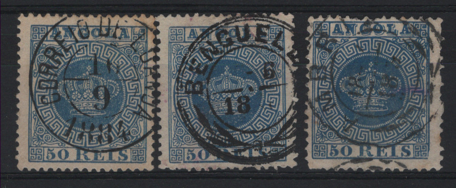 1791.jpg -     Lote:    1791            Angola       Descrição:         Carimbos circulares datados + carimbos de palma. 1881/85 &mdash; Tipo Coroa. CE14, 50 reis. Lote de 3 selos obliterados com carimbos bem batidos a preto: CORREIO DE LOANDA, BENGUELA e AMBRIZ.. MB.        O       Valor Base:     &euro; 15,00     Valor Venda:     &euro;      