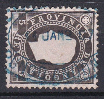 1792.jpg -     Lote:    1792            Angola       Descrição:         Carimbos de dupla oval. 1886 &mdash; D. Luís I, fita direita. CE15, 5 reis. Obliterado com carimbo batido a azul "CORREIO / PUNGO ANDONGO".        O       Valor Base:     &euro; 12,00     Valor Venda:     &euro;      