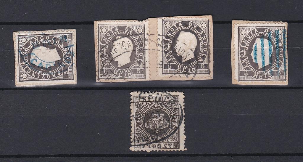 1793.jpg -     Lote:    1793            Angola       Descrição:         Angola. Lote composto por selo Coroa de 5 reis, 2 selos isolados + fragmento com 2 selos, todos no valor de 5 reis da emissão D. Luís I, obliterados com carimbos batidos a azul de CABINDA + MUDO DE 9 BARRAS e a preto DIRECÇÃO DOS CORREIOS / PROVÍNCIA DE ANGOLA e CORREIO CENTRAL / LOANDA.        Lote       Valor Base:     &euro; 8,00     Valor Venda:     &euro;      
