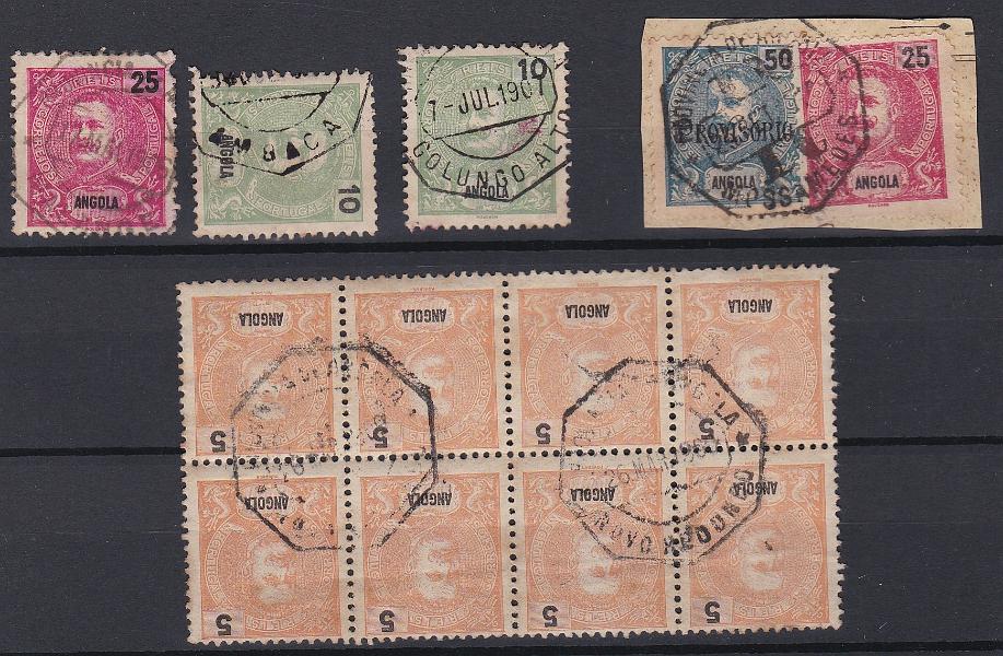 1795.jpg -     Lote:    1795            Angola       Descrição:         Angola. Lote composto por 3 selos isolados, um fragmento com dois selos e um bloco de 8 selos, obliterados com carimbos de: MALANGE, AMBACA, GOLUNDO ALTO, MOSSAMEDES / R e NOVO REDONDO.        Lote       Valor Base:     &euro; 8,00     Valor Venda:     &euro;      