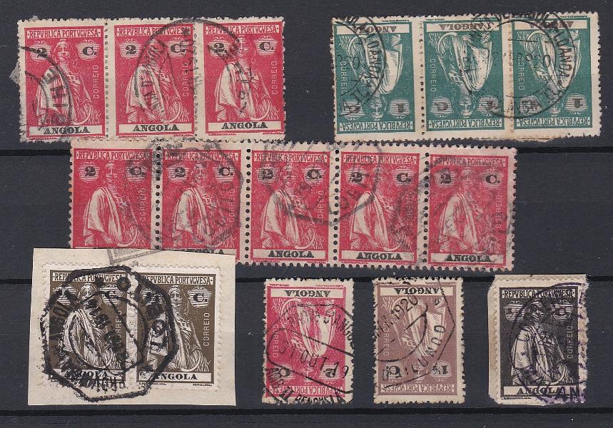 1797.jpg -     Lote:    1797            Angola       Descrição:         Angola. Lote composto por duas tiras de três selos, tira de cinco selos, fragmento com par e 3 selos isolados, todos das emissões Ceres, obliterados com carimbos a preto de: BIHÉ, AMBULÂNCIA II, LOBITO (2 octogonais diferentes), AMB. II BENGUELLA, BAILUNDO e MALANGE / R (violeta).        Lote       Valor Base:     &euro; 8,00     Valor Venda:     &euro;      