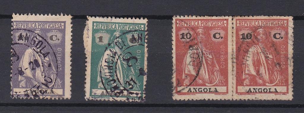 1799.jpg -     Lote:    1799            Angola       Descrição:         Carimbos circulares numéricos volantes. 1914 &mdash; Ceres. Lote de 2 selos isolados + par, obliterados com carimbos batidos a preto "8" e "11".        O       Valor Base:     &euro; 8,00     Valor Venda:     &euro;      