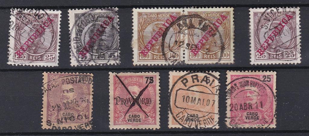 1803.jpg -     Lote:    1803            Cabo Verde       Descrição:         Carimbos circulares datados e ovais. Lote composto por 7 selos isolados e um par com carimbos batidos a preto: ccd's de PONTA DO SOL, CORREIO DO FOGO, BOA VISTA, S. VICENTE, PRAIS, BRAVA &mdash; S. JOÃO BAPTISTA, obliteração manuscrita e oval de S. NICOLAU.        O       Valor Base:     &euro; 12,00     Valor Venda:     &euro;      