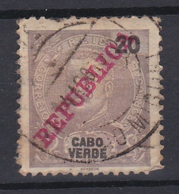 1804.jpg -     Lote:    1804            Cabo Verde       Descrição:         Carimbos circulares datados. 1911 &mdash; D. Carlos I Mouchon, com sobrecarga REPUBLICA. CE90, 20 reis. Obliterado com carimbo batido a preto de SÃO MIGUEL.        O       Valor Base:     &euro; 10,00     Valor Venda:     &euro;      