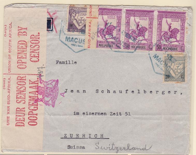 1810.jpg -     Lote:    1810            Moçambique       Descrição:         Carimbos hexagonais. 1933/38 &mdash; Lusíadas + Império Colonial Português. Sobrescrito circulado de Macuse (04.05.42) para a Suíça, com selos de 10C e 20C CE272 e 274 + 3x50C CE297, censurado na África do Sul. Carimbo batido a azul de "MACUSE".        Carta       Valor Base:     &euro; 12,00     Valor Venda:     &euro;      