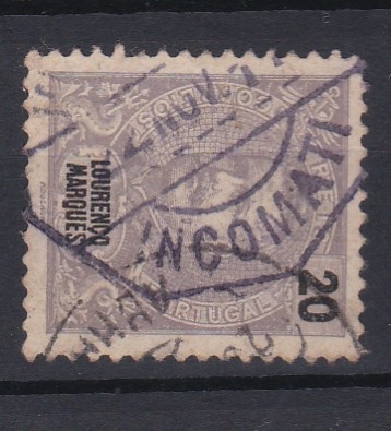 1812.jpg -     Lote:    1812            Moçambique       Descrição:         Carimbos octogonais. 1898 &mdash; D. Carlos I Mouchon. CE36, 20 reis. Obliterado com carimbo batido a violeta "INCOMATI".        O       Valor Base:     &euro; 15,00     Valor Venda:     &euro;      