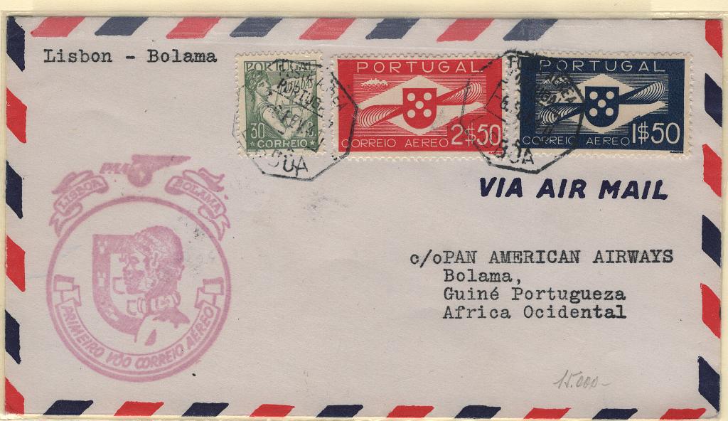 2324.jpg -     Lote:    2324      Lotes pelo Correio      Correio Aéreo       Descrição:         1941 (06.02) &mdash; 1.º Voo Lisboa-Bolama pela PAA. Sobrescrito comemorativo, com selos de 30C CE544, de 1$50 e 2$50 CE CA 1 e 3.        Aéreo       Valor Base:     &euro; 5,00     Valor Venda:     &euro;      