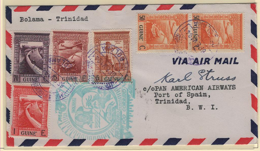 2328.jpg -     Lote:    2328      Lotes pelo Correio      Correio Aéreo       Descrição:         1941 (06.02) &mdash; 1.º Voo Bolama-Trinidad pela PAA. Sobrescrito comemorativo, com selos do tipo Império Colonial Português CE 224, 233, 235 e CE CA 3(2) e 7.        Aéreo       Valor Base:     &euro; 5,00     Valor Venda:     &euro;      