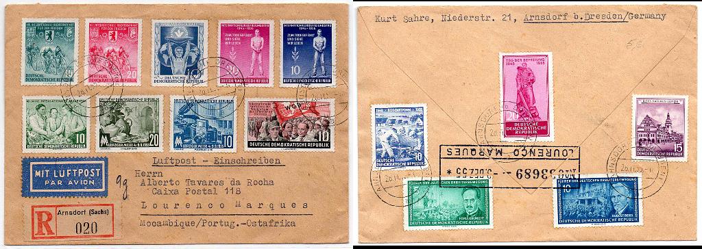 2331.jpg -     Lote:    2331      Lotes pelo Correio      Correio Aéreo       Descrição:         Correio aéreo * RDA &mdash; Moçambique. Sobrescrito circulado registado de Arnsdorf (28.11.55) para Lourenço Marques (03.12.55).        Aéreo       Valor Base:     &euro; 8,00     Valor Venda:     &euro;      
