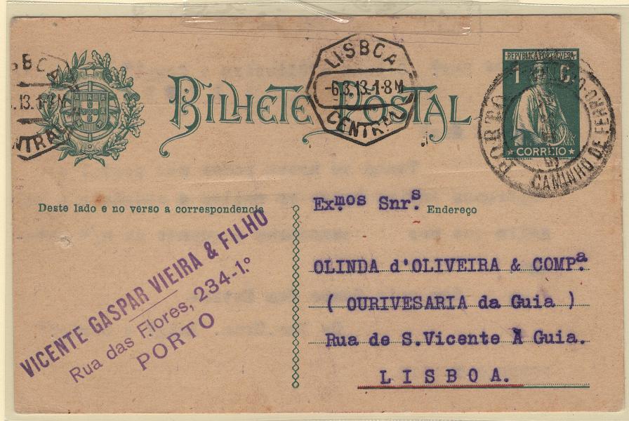 2339.jpg -     Lote:    2339      Lotes pelo Correio      Correio Ferroviário       Descrição:         Correio ferroviário. 1912 &mdash; Ceres. OM59, 1C circulado do Porto para Lisboa (06.03.13). Carimbo a preto "PORTO / CAMINHO DE FERRO CENTRAL".        IC       Valor Base:     &euro; 5,00     Valor Venda:     &euro;      