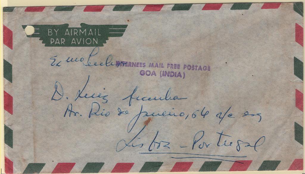 2344.jpg -     Lote:    2344      Lotes pelo Correio      Correio Militar       Descrição:         1962 &mdash; Invasão da Índia Portuguesa. Sobrescrito isento de franquia de prisioneiro de guerra em Goa, remetido para Lisboa. Carimbo a violeta "INTERNEES MAIL FREE POSTAGE / GOA (INDIA)".        Carta       Valor Base:     &euro; 12,00     Valor Venda:     &euro;      