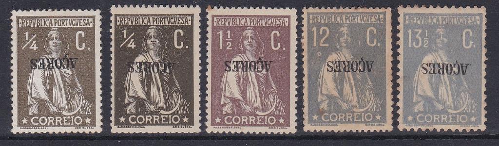 2349.jpg -     Lote:    2349      Lotes pelo Correio      Açores       Descrição:         1912/21 &mdash; Ceres. Selos do Continente com sobrecarga AÇORES. Lote com 5 selos: 2x &frac14; c, 1 &frac12; c, 12c e 13 &frac12; c, CE 149,152,174 e 179. Todos com a sobrecarga invertida. Selos com manchas de óxido e outros defeitos. Lote a ver.        **       Valor Base:     &euro; 8,00     Valor Venda:     &euro;      
