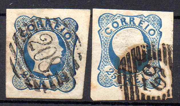 2373.jpg -     Lote:    2373      Lotes pelo Correio      Portugal       Descrição:         1856/58 &mdash; D. Pedro V. Cabelos anelados. CE12, 25 reis. Lote com dois selos, um do cunho II e outro do cunho I, com margens largas. Valor de catálogo &euro; 62,00.        O       Valor Base:     &euro; 8,00     Valor Venda:     &euro;      